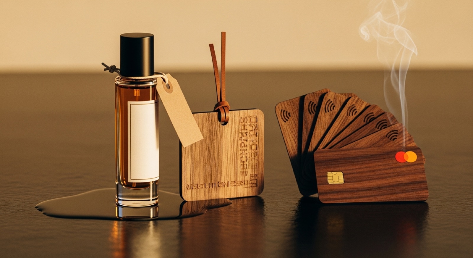A bespoke apothecary perfume bottle beside a matte black NFC scent card